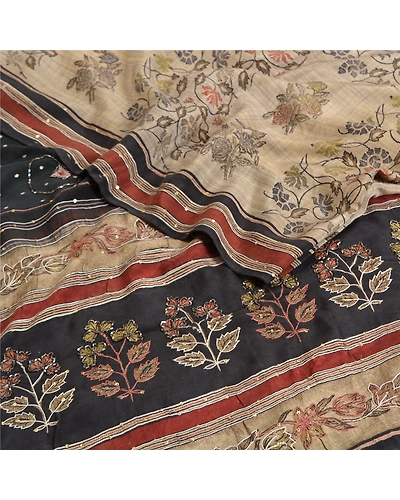 Sanskriti Vintage Sarees Ivory Hand Beaded Pure Crepe Silk Printed Sari Fabric, PRC-18963-Ivory-Printed Floral Design-Pure Crepe Silk-2