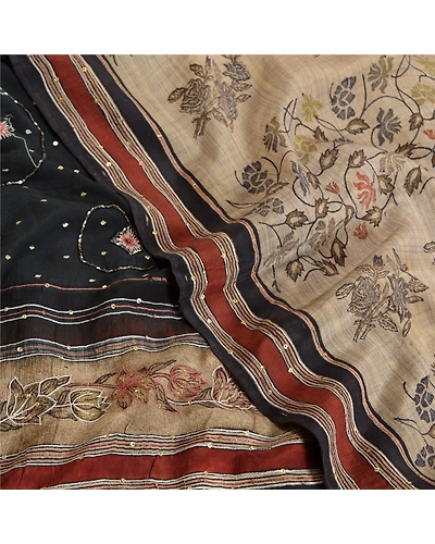 Sanskriti Vintage Sarees Ivory Hand Beaded Pure Crepe Silk Printed Sari Fabric, PRC-18963-Ivory-Printed Floral Design-Pure Crepe Silk-5