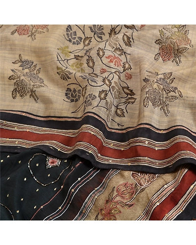 Sanskriti Vintage Sarees Ivory Hand Beaded Pure Crepe Silk Printed Sari Fabric, PRC-18963-Ivory-Printed Floral Design-Pure Crepe Silk-6