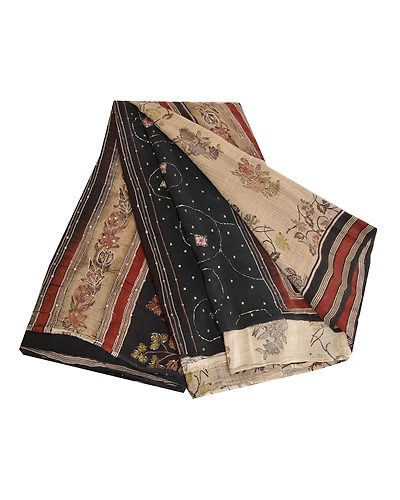 Sanskriti Vintage Sarees Ivory Hand Beaded Pure Crepe Silk Printed Sari Fabric, PRC-18963-Ivory-Printed Floral Design-Pure Crepe Silk-7