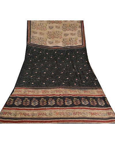 Sanskriti Vintage Sarees Ivory Hand Beaded Pure Crepe Silk Printed Sari Fabric, PRC-18963-Ivory-Printed Floral Design-Pure Crepe Silk-8