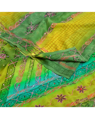 Sanskriti Vintage Sarees Green Hand Beaded Pure Crepe Silk Printed Sari Fabric, PRC-18965-Green-Printed Floral Design-Pure Crepe Silk-1
