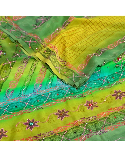 Sanskriti Vintage Sarees Green Hand Beaded Pure Crepe Silk Printed Sari Fabric, PRC-18965-Green-Printed Floral Design-Pure Crepe Silk-2