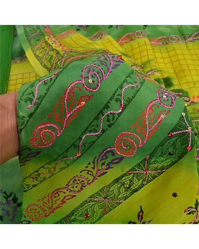 Sanskriti Vintage Sarees Green Hand Beaded Pure Crepe Silk Printed Sari Fabric, PRC-18965-Green-Printed Floral Design-Pure Crepe Silk-3