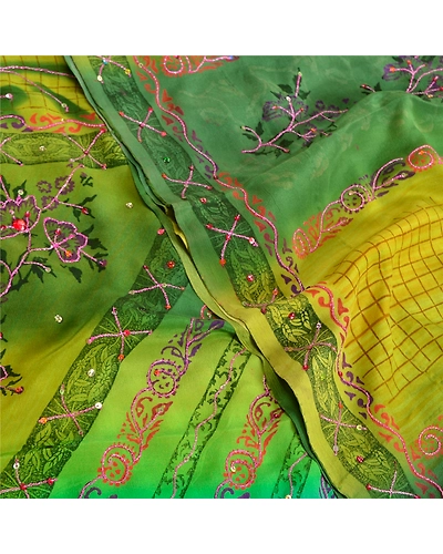 Sanskriti Vintage Sarees Green Hand Beaded Pure Crepe Silk Printed Sari Fabric, PRC-18965-Green-Printed Floral Design-Pure Crepe Silk-5