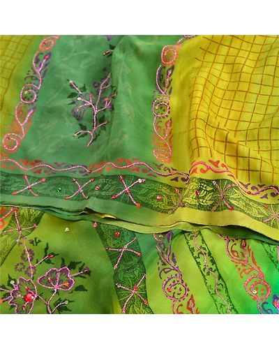 Sanskriti Vintage Sarees Green Hand Beaded Pure Crepe Silk Printed Sari Fabric, PRC-18965-Green-Printed Floral Design-Pure Crepe Silk-6