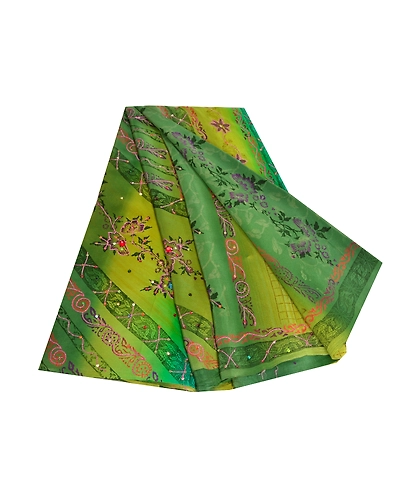 Sanskriti Vintage Sarees Green Hand Beaded Pure Crepe Silk Printed Sari Fabric, PRC-18965-Green-Printed Floral Design-Pure Crepe Silk-7