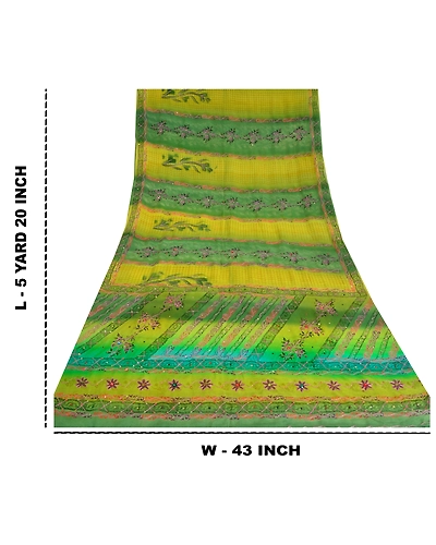 Sanskriti Vintage Sarees Green Hand Beaded Pure Crepe Silk Printed Sari Fabric, PRC-18965-Green-Printed Floral Design-Pure Crepe Silk-9