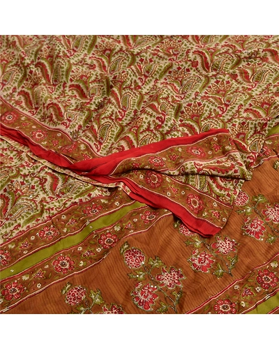 Sanskriti Vintage Sarees Multi Hand Beaded Pure Crepe Silk Printed Sari Fabric, PRC-18966-Multi-Printed Floral Design-Pure Crepe Silk-1