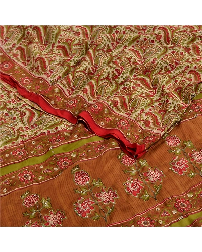 Sanskriti Vintage Sarees Multi Hand Beaded Pure Crepe Silk Printed Sari Fabric, PRC-18966-Multi-Printed Floral Design-Pure Crepe Silk-2