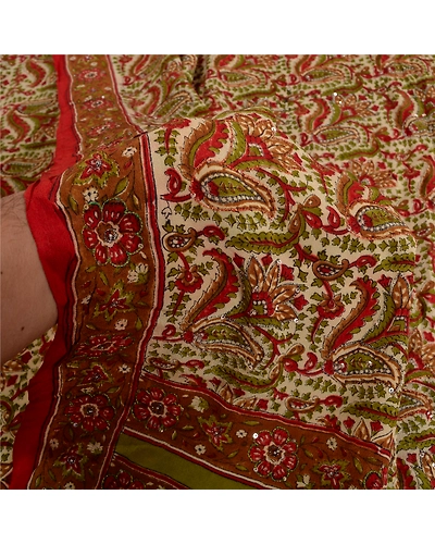 Sanskriti Vintage Sarees Multi Hand Beaded Pure Crepe Silk Printed Sari Fabric, PRC-18966-Multi-Printed Floral Design-Pure Crepe Silk-3