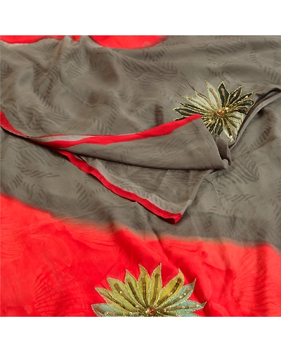 Sanskriti Vintage Sarees Gray Hand Beaded Pure Crepe Silk Print Sari Soft Fabric, PRC-18972-Gray-Printed Floral Design-Pure Crepe Silk-1