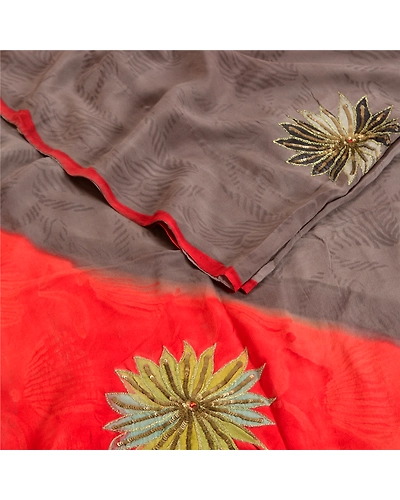 Sanskriti Vintage Sarees Gray Hand Beaded Pure Crepe Silk Print Sari Soft Fabric, PRC-18972-Gray-Printed Floral Design-Pure Crepe Silk-2