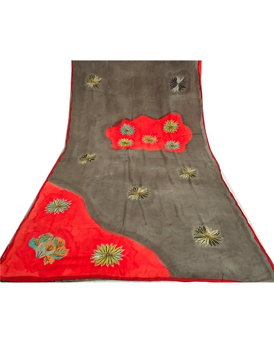 Sanskriti Vintage Sarees Gray Hand Beaded Pure Crepe Silk Print Sari Soft Fabric, PRC-18972-Gray-Printed Floral Design-Pure Crepe Silk-8