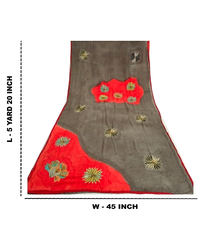 Sanskriti Vintage Sarees Gray Hand Beaded Pure Crepe Silk Print Sari Soft Fabric, PRC-18972-Gray-Printed Floral Design-Pure Crepe Silk-9