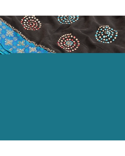 Sanskriti Vintage Sarees Black Hand Beaded Pure Crepe Silk Printed Sari Fabric, PRC-18975-Black-Printed Floral Design-Pure Crepe Silk-1