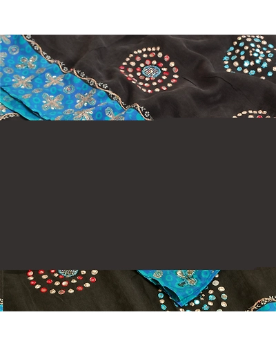 Sanskriti Vintage Sarees Black Hand Beaded Pure Crepe Silk Printed Sari Fabric, PRC-18975-Black-Printed Floral Design-Pure Crepe Silk-2