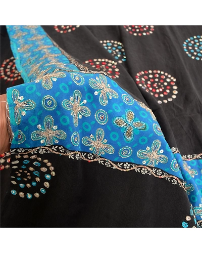 Sanskriti Vintage Sarees Black Hand Beaded Pure Crepe Silk Printed Sari Fabric, PRC-18975-Black-Printed Floral Design-Pure Crepe Silk-3