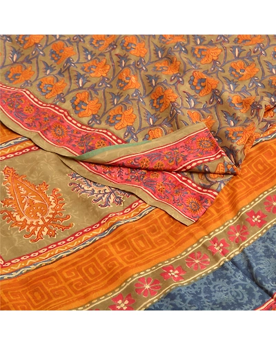 Sanskriti Vintage Sarees Green Indian Pure Crepe Silk Printed Sari Craft Fabric, PRC-18979-Green-Printed Floral Design-Pure Crepe Silk-1