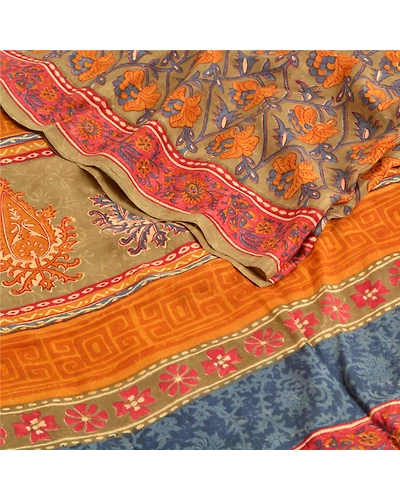 Sanskriti Vintage Sarees Green Indian Pure Crepe Silk Printed Sari Craft Fabric, PRC-18979-Green-Printed Floral Design-Pure Crepe Silk-2