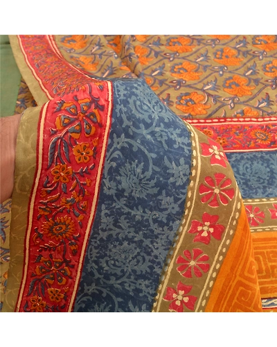 Sanskriti Vintage Sarees Green Indian Pure Crepe Silk Printed Sari Craft Fabric, PRC-18979-Green-Printed Floral Design-Pure Crepe Silk-3