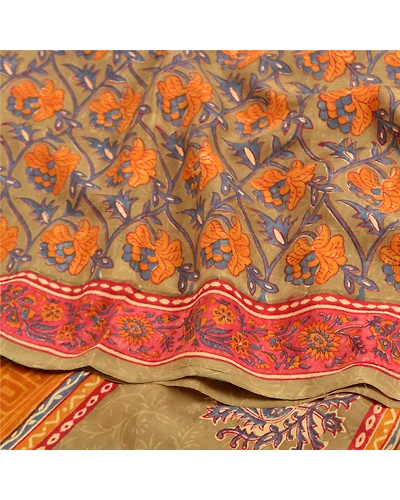 Sanskriti Vintage Sarees Green Indian Pure Crepe Silk Printed Sari Craft Fabric, PRC-18979-Green-Printed Floral Design-Pure Crepe Silk-6
