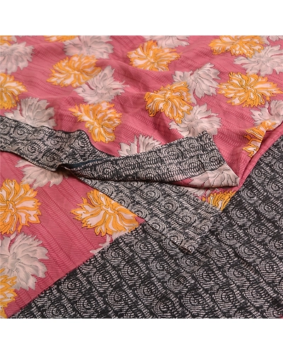 Sanskriti Vintage Sarees From India Purple Pure Crepe Silk Printed Sari Fabric, PRC-18989-Purple-Printed Floral Design-Pure Crepe Silk-1
