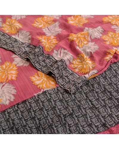 Sanskriti Vintage Sarees From India Purple Pure Crepe Silk Printed Sari Fabric, PRC-18989-Purple-Printed Floral Design-Pure Crepe Silk-2