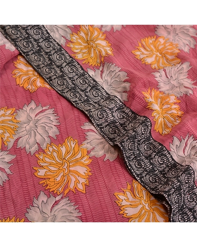 Sanskriti Vintage Sarees From India Purple Pure Crepe Silk Printed Sari Fabric, PRC-18989-Purple-Printed Floral Design-Pure Crepe Silk-5