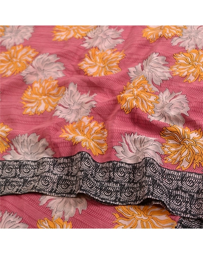 Sanskriti Vintage Sarees From India Purple Pure Crepe Silk Printed Sari Fabric, PRC-18989-Purple-Printed Floral Design-Pure Crepe Silk-6
