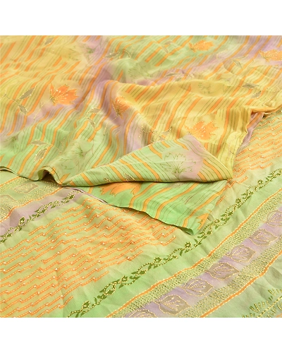 Sanskriti Vintage Sarees Hand Beaded Kantha Pure Crepe Silk Sari Craft Fabric, PRC-18993-Multi-Printed Floral Design-Pure Crepe Silk-1