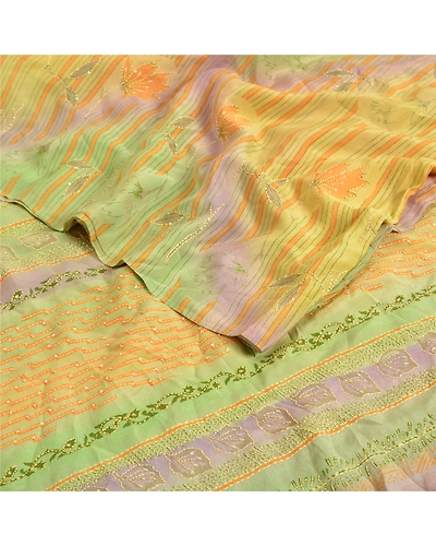 Sanskriti Vintage Sarees Hand Beaded Kantha Pure Crepe Silk Sari Craft Fabric, PRC-18993-Multi-Printed Floral Design-Pure Crepe Silk-2