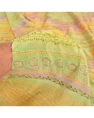 Sanskriti Vintage Sarees Hand Beaded Kantha Pure Crepe Silk Sari Craft Fabric, PRC-18993-Multi-Printed Floral Design-Pure Crepe Silk-3