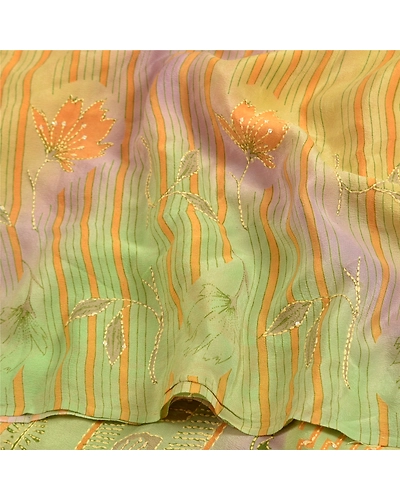 Sanskriti Vintage Sarees Hand Beaded Kantha Pure Crepe Silk Sari Craft Fabric, PRC-18993-Multi-Printed Floral Design-Pure Crepe Silk-6