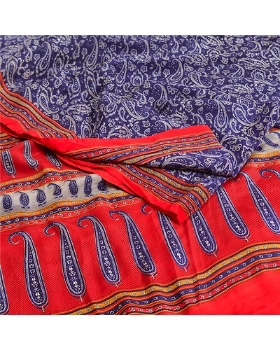 Sanskriti Vintage Sarees From India Blue Pure Crepe Silk Print Sari Craft Fabric, PRC-18999-Blue-Printed Floral Design-Pure Crepe Silk-1