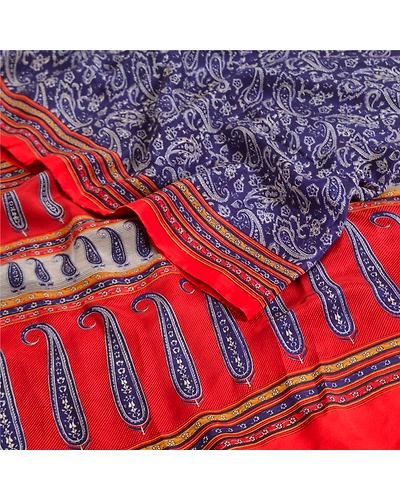 Sanskriti Vintage Sarees From India Blue Pure Crepe Silk Print Sari Craft Fabric, PRC-18999-Blue-Printed Floral Design-Pure Crepe Silk-2