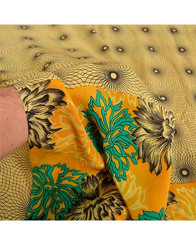 Sanskriti Vintage Sarees Green Indian Pure Crepe Silk Printed Sari Craft Fabric, PRC-19000-Green-Printed Floral Design-Pure Crepe Silk-3