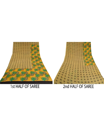 Sanskriti Vintage Sarees Green Indian Pure Crepe Silk Printed Sari Craft Fabric, PRC-19000-Green-Printed Floral Design-Pure Crepe Silk-4
