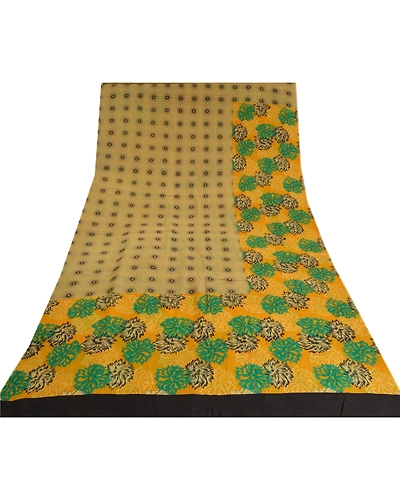 Sanskriti Vintage Sarees Green Indian Pure Crepe Silk Printed Sari Craft Fabric, PRC-19000-Green-Printed Floral Design-Pure Crepe Silk-8