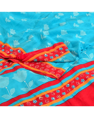 Sanskriti Vintage Sarees Red Hand Beaded Pure Crepe Silk Print Sari Craft Fabric, PRC-19004-Blue-Printed Floral Design-Pure Crepe Silk-1