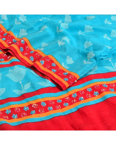 Sanskriti Vintage Sarees Red Hand Beaded Pure Crepe Silk Print Sari Craft Fabric, PRC-19004-Blue-Printed Floral Design-Pure Crepe Silk-2