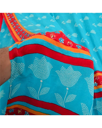 Sanskriti Vintage Sarees Red Hand Beaded Pure Crepe Silk Print Sari Craft Fabric, PRC-19004-Blue-Printed Floral Design-Pure Crepe Silk-3