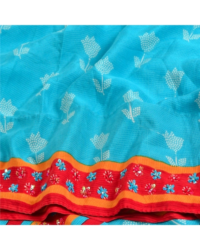 Sanskriti Vintage Sarees Red Hand Beaded Pure Crepe Silk Print Sari Craft Fabric, PRC-19004-Blue-Printed Floral Design-Pure Crepe Silk-6