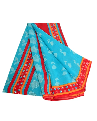 Sanskriti Vintage Sarees Red Hand Beaded Pure Crepe Silk Print Sari Craft Fabric, PRC-19004-Blue-Printed Floral Design-Pure Crepe Silk-7