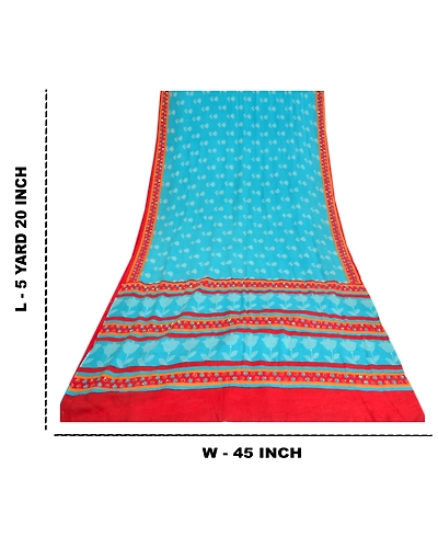 Sanskriti Vintage Sarees Red Hand Beaded Pure Crepe Silk Print Sari Craft Fabric, PRC-19004-Blue-Printed Floral Design-Pure Crepe Silk-9