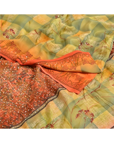 Sanskriti Vintage Sarees Orange Hand Beaded Pure Crepe Silk Printed Sari Fabric, PRC-19006-Orange-Printed Floral Design-Pure Crepe Silk-1