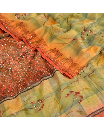 Sanskriti Vintage Sarees Orange Hand Beaded Pure Crepe Silk Printed Sari Fabric, PRC-19006-Orange-Printed Floral Design-Pure Crepe Silk-2