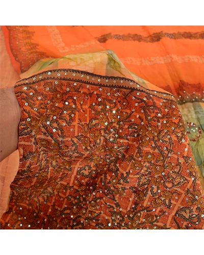 Sanskriti Vintage Sarees Orange Hand Beaded Pure Crepe Silk Printed Sari Fabric, PRC-19006-Orange-Printed Floral Design-Pure Crepe Silk-3