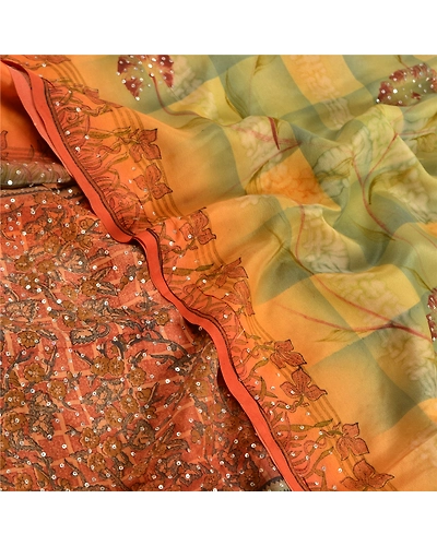 Sanskriti Vintage Sarees Orange Hand Beaded Pure Crepe Silk Printed Sari Fabric, PRC-19006-Orange-Printed Floral Design-Pure Crepe Silk-5