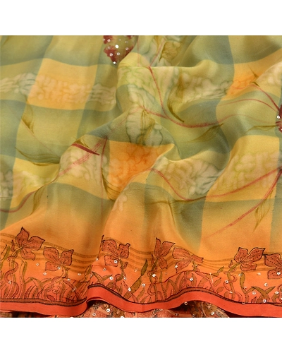 Sanskriti Vintage Sarees Orange Hand Beaded Pure Crepe Silk Printed Sari Fabric, PRC-19006-Orange-Printed Floral Design-Pure Crepe Silk-6